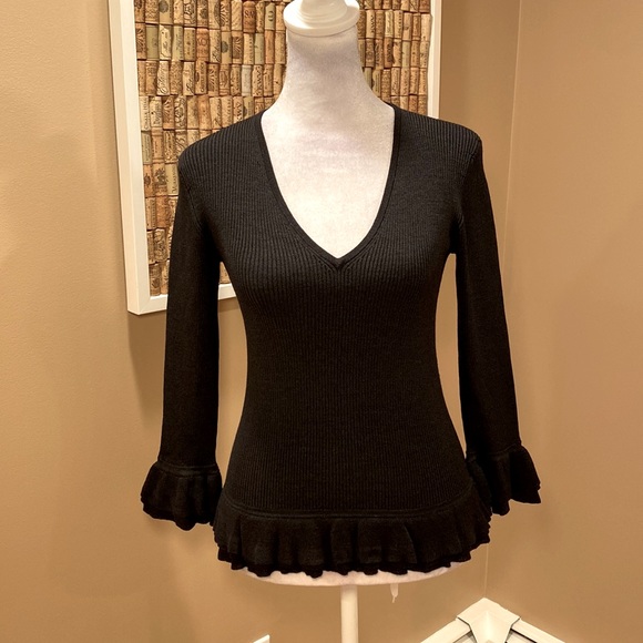 Esther Chen Black Ribbed Top.  Silk, Nylon and Spandex.  Ruffled detail - Picture 1 of 16
